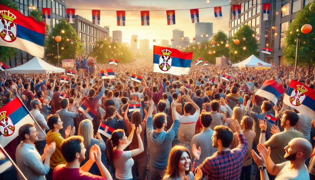 DALL·E 2024-11-11 17.35.46 - An outdoor public gathering scene celebrating a political victory, with a crowd of people holding Serbian flags in a joyful, festive atmosphere. The s